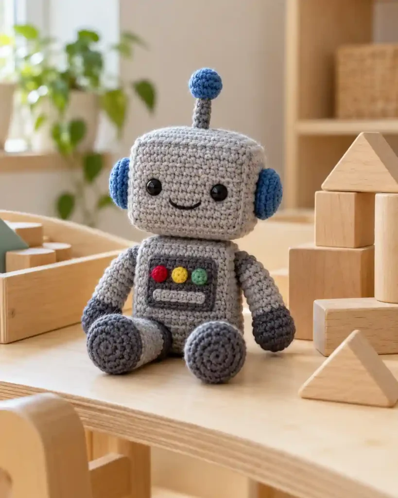 Gray crocheted robot with blue accents and colorful stitched controls beside wooden blocks.