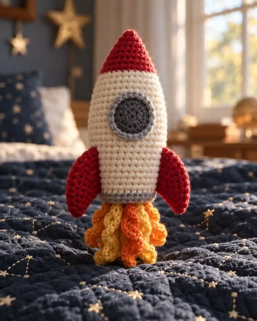 Cream and red crocheted rocket ship with soft orange yarn flames on a navy quilt.