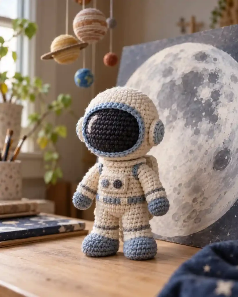 Small cream crochet astronaut doll with blue helmet trim in a space-themed desk display.