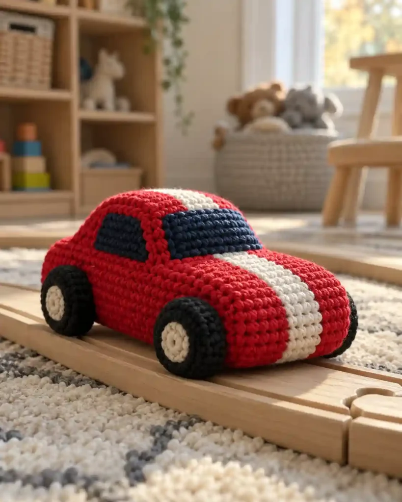 Red crocheted race car with white stripe and soft black wheels on a wooden track.