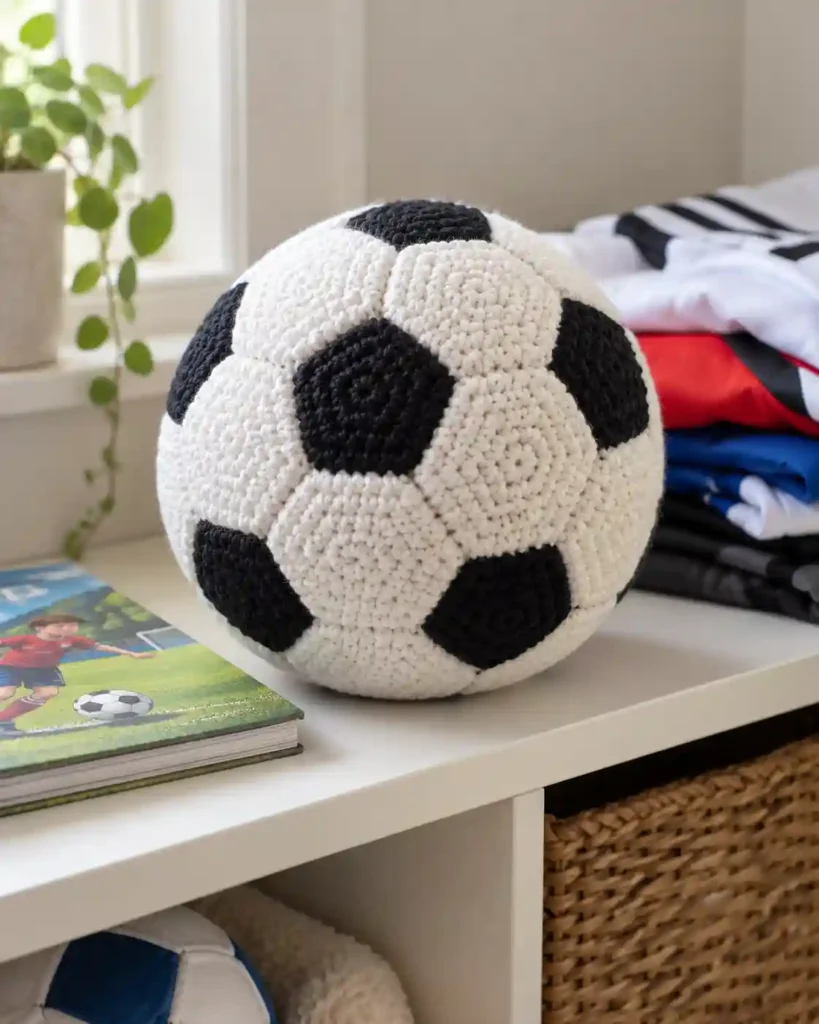 Black and white crocheted soccer ball plush displayed beside folded sports clothing.