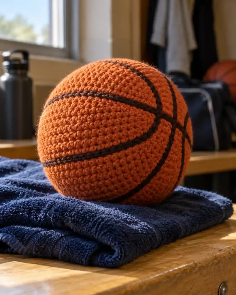 Orange hand-crocheted basketball plush with dark stitched lines on a navy towel.