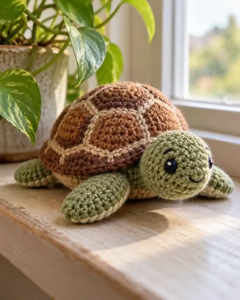 Small green crocheted turtle with patterned brown shell on a wooden windowsill.