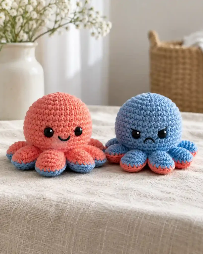 Coral happy and blue grumpy crocheted mood octopuses with embroidered faces.