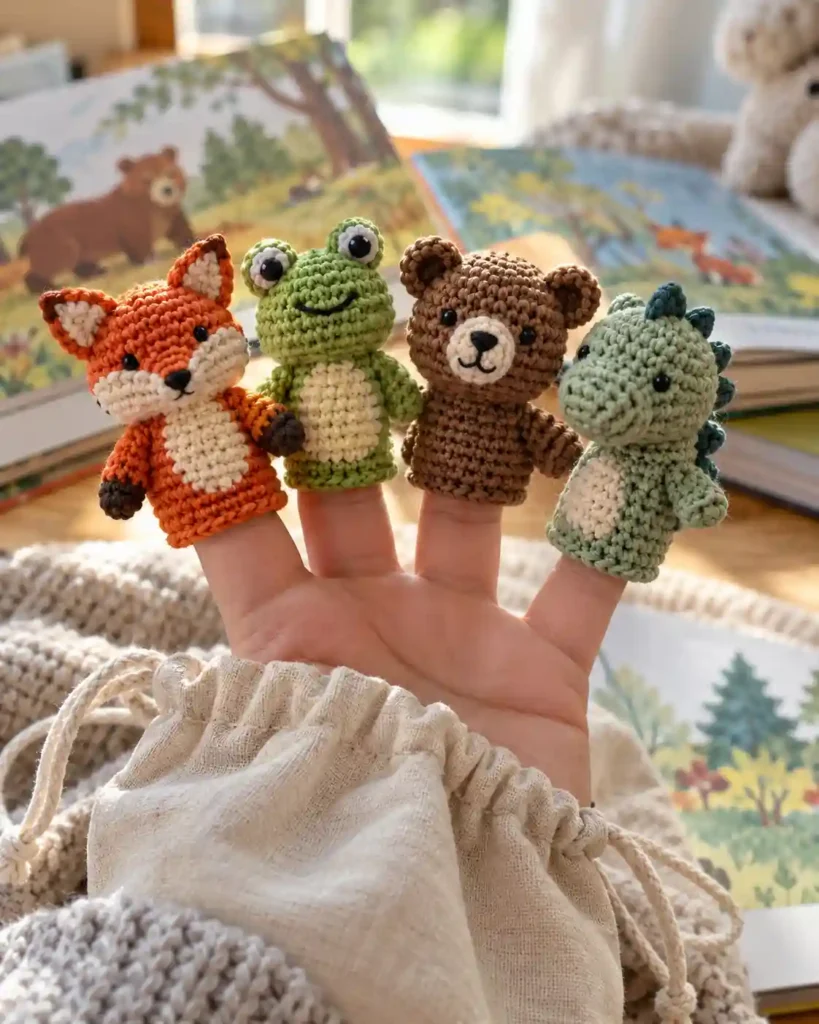 Four miniature crochet animal finger puppets representing a fox, frog, bear and dinosaur.