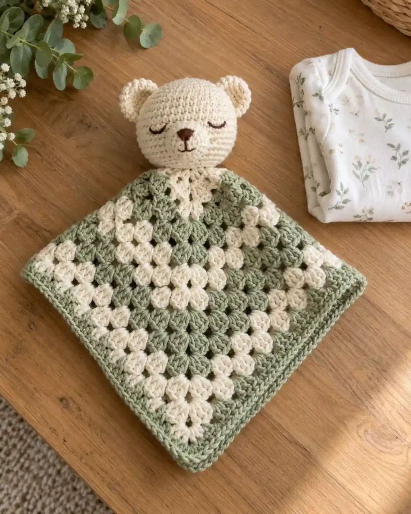 Cream crocheted bear lovey with sage-green comfort square laid flat on a table.