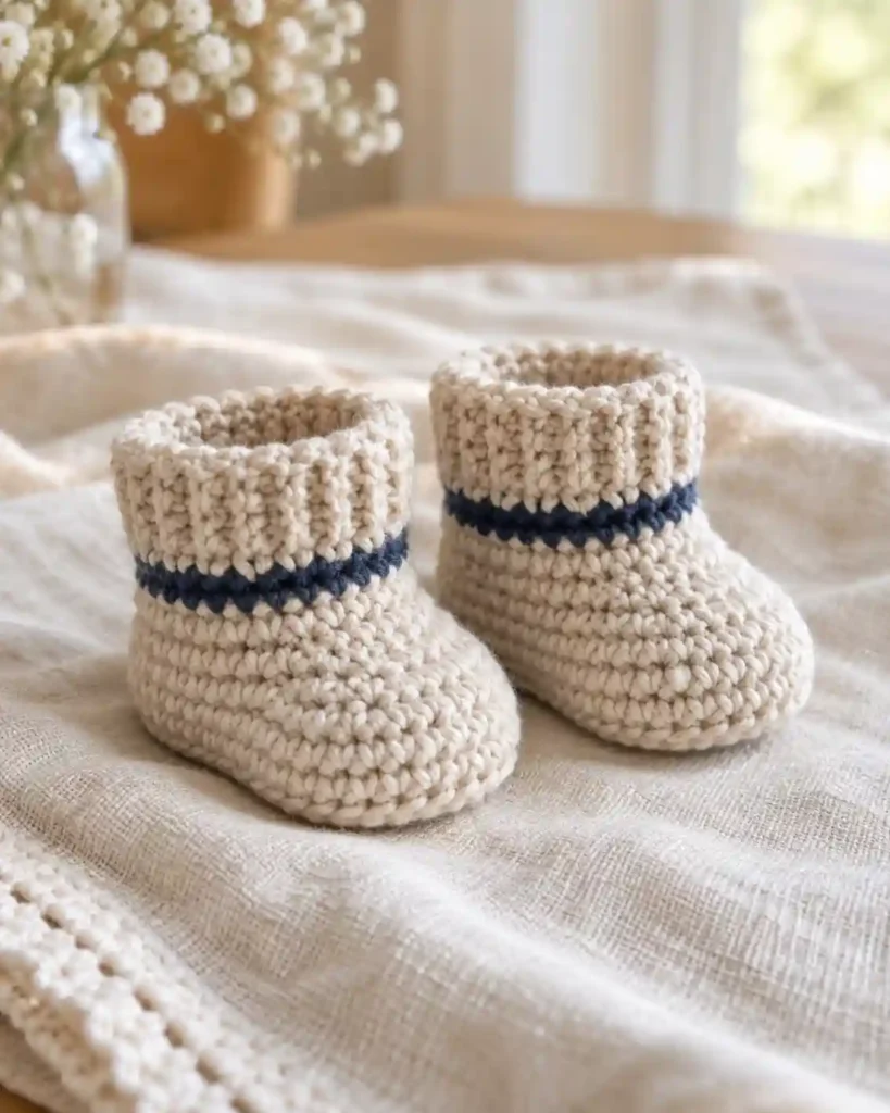 Pair of oatmeal crochet baby booties with navy stripes on cream linen.