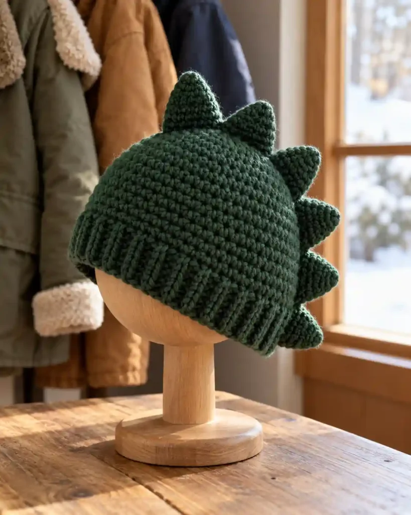 Green crocheted dinosaur beanie with soft spikes displayed on a wooden hat stand.