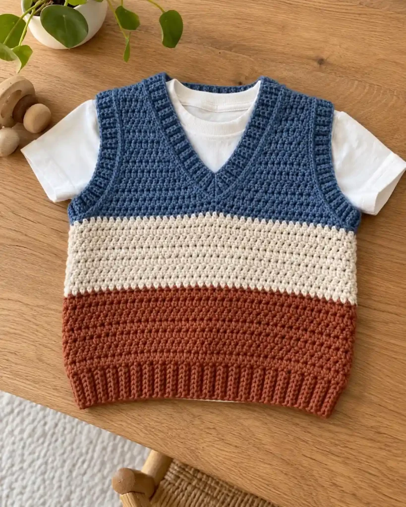 Denim blue, cream and rust crochet sweater vest displayed flat over a T-shirt.