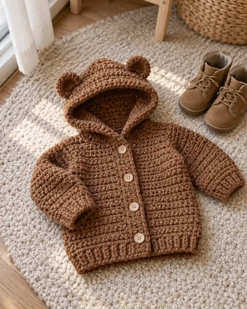 Brown crocheted toddler bear hoodie with small hood ears laid on a rug.