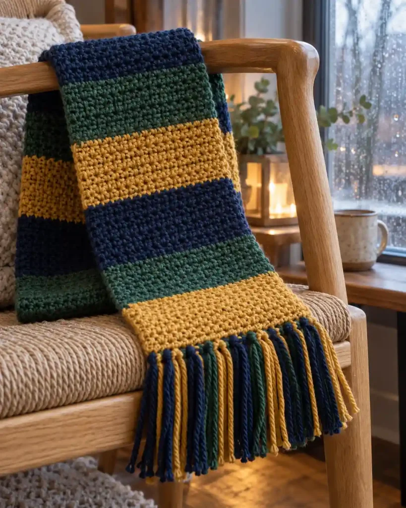 Striped navy, forest-green and mustard crocheted scarf draped across a chair.