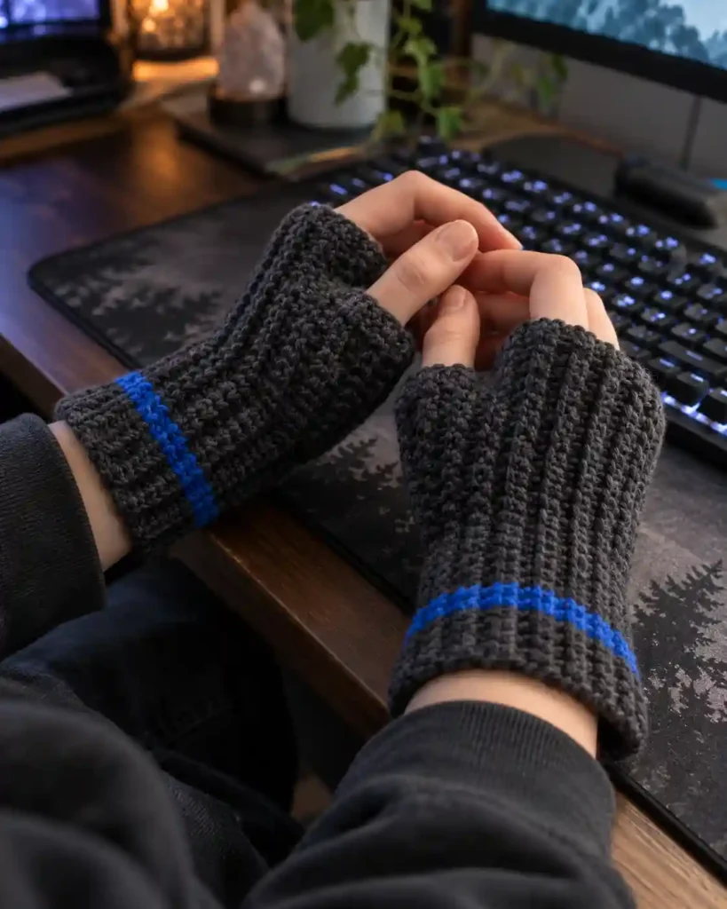 Charcoal crochet fingerless gloves with blue cuffs worn at a gaming desk.