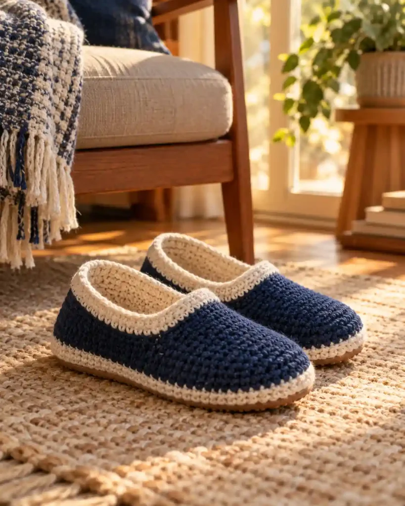 Pair of navy and cream crocheted house slippers with slip-resistant soles on a rug.