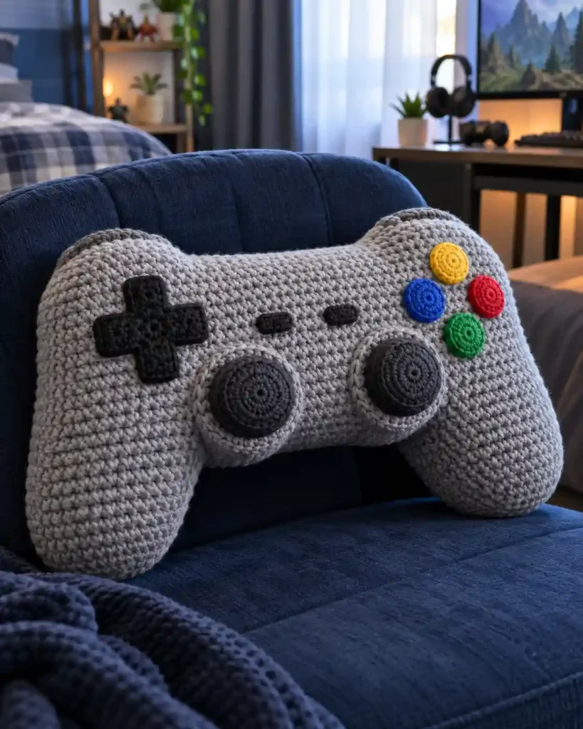 Gray crochet gaming-controller pillow with colorful stitched buttons on a navy chair.