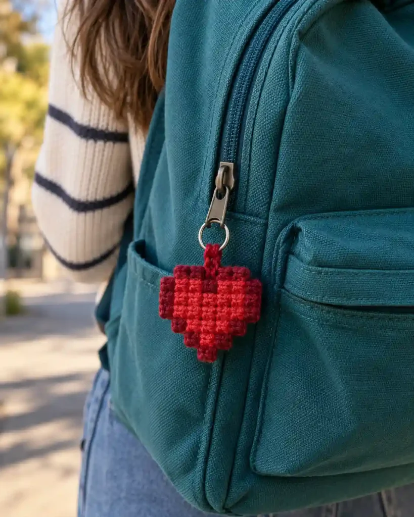 Red pixel-heart crochet backpack charm attached to a teal canvas zipper.