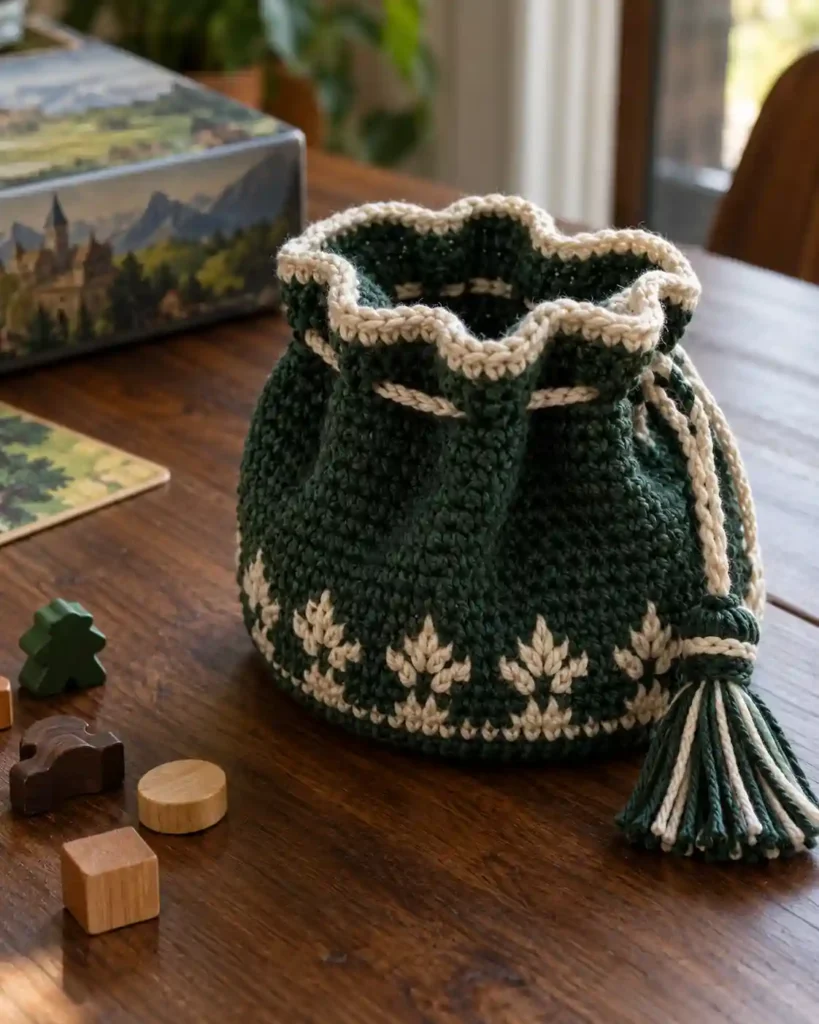 Two-tone green crochet game-token pouch with wooden board-game tokens on a table.
