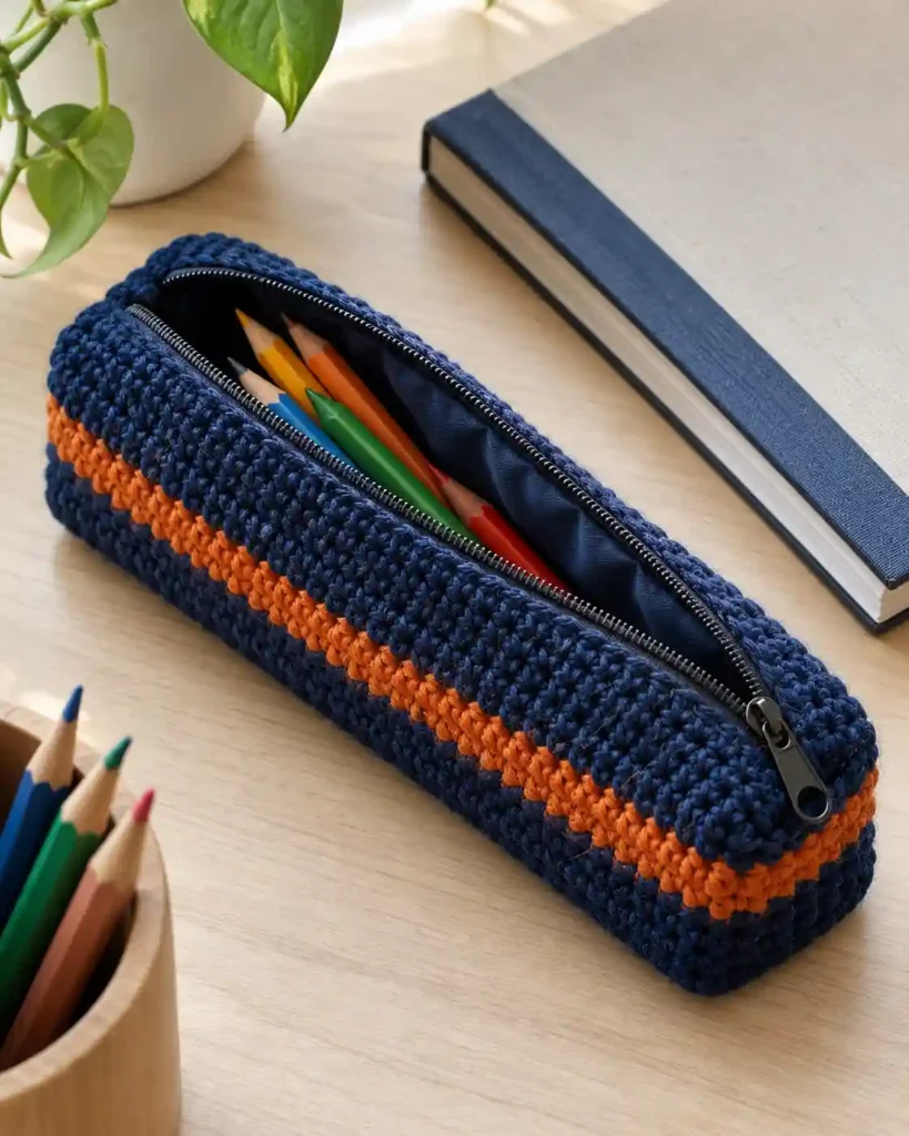 Navy crocheted pencil case with orange stripe and colored pencils on a desk.