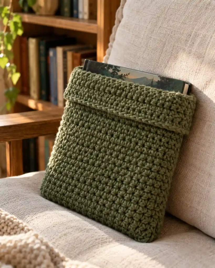 Olive-green crochet book sleeve holding a novel on a linen cushion.