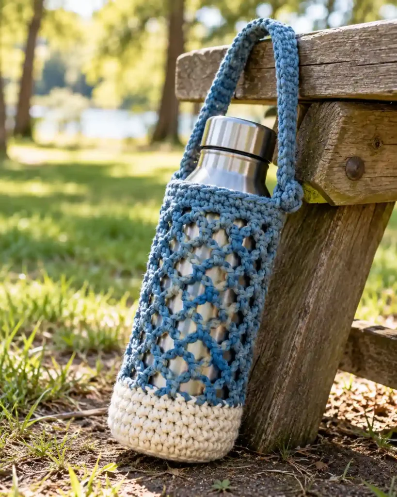 Blue and cream crocheted bottle carrier holding a metal water bottle beside a picnic bench.