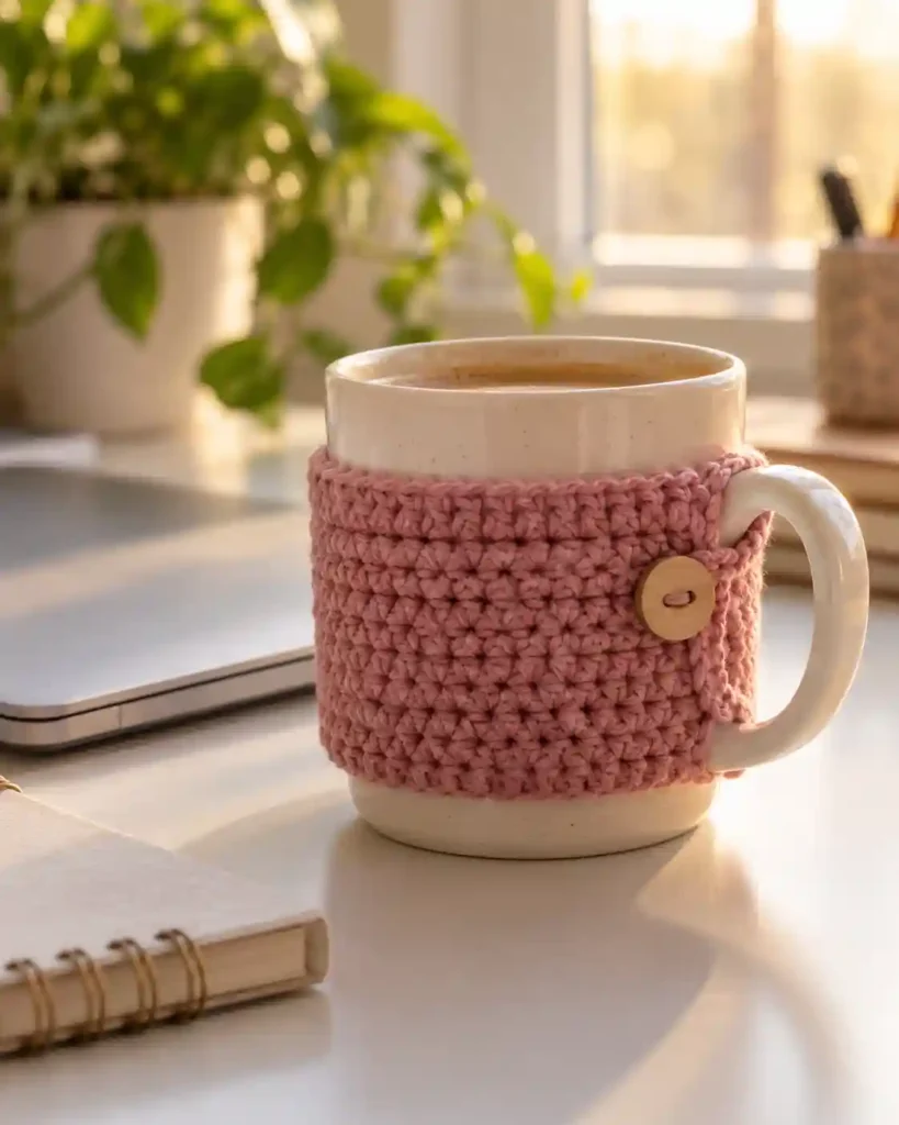 A dusty-rose crocheted coffee cup cozy with a wooden button wrapped around a ceramic mug on an office desk.