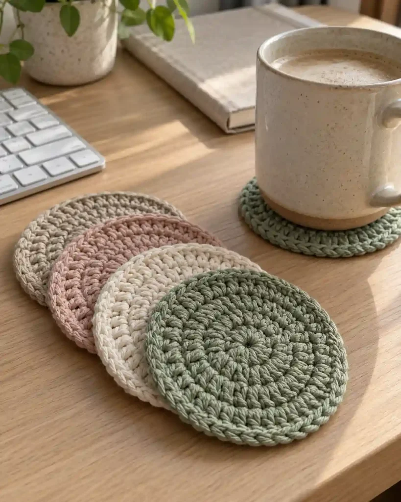 Four handmade cotton crochet coasters in soft neutral colors arranged beside a mug on a wooden desk.