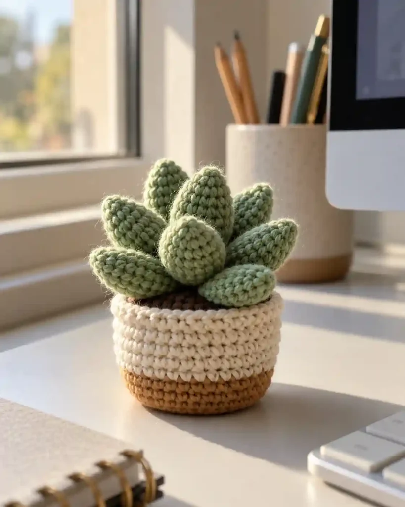 A miniature green crocheted succulent in a cream-and-brown crochet pot decorating a sunlit office desk.
