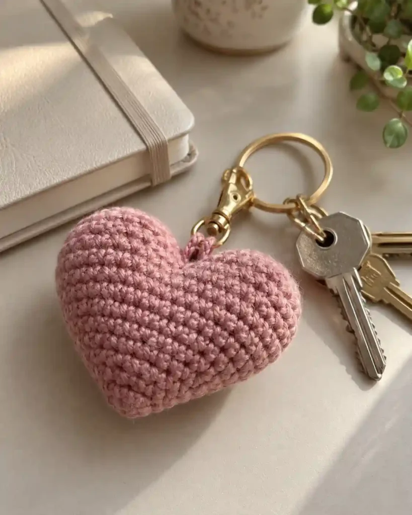 A small pink crocheted heart keychain with gold hardware resting beside keys and an office planner.