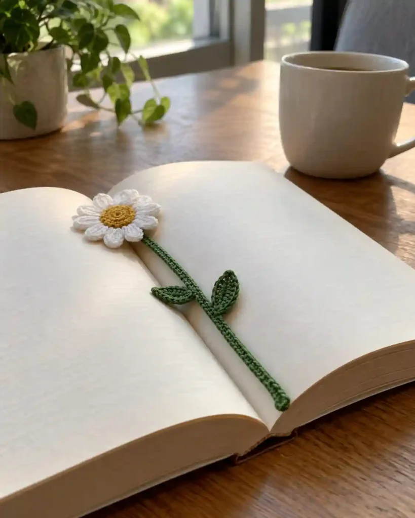 A white daisy crochet bookmark with a green stem resting across the pages of an open book.
