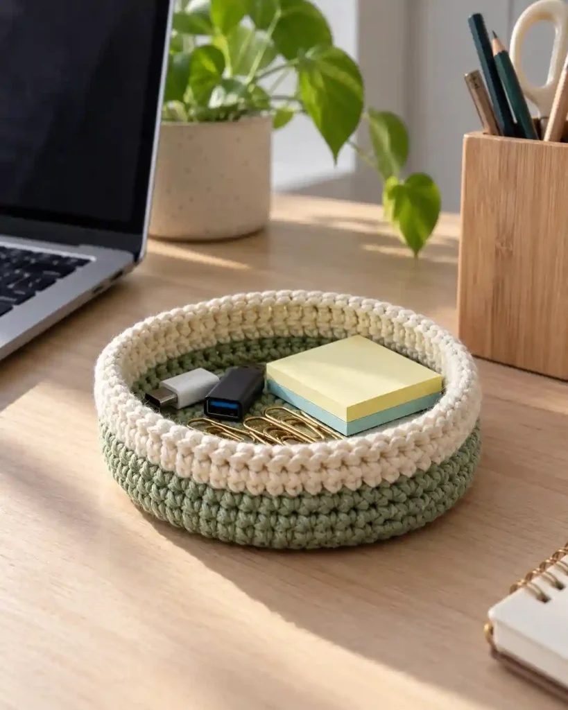 A small sage-green and cream crocheted basket holding paper clips and desk accessories.