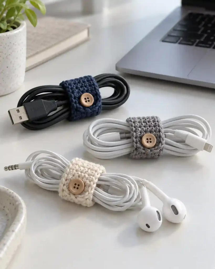 Three narrow crocheted cable ties securing coiled charging and headphone cords on a work desk.