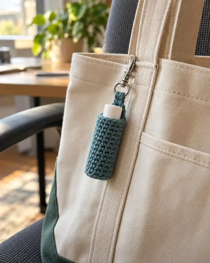A teal crocheted lip balm holder clipped to a canvas tote bag with a lip balm tube inside.