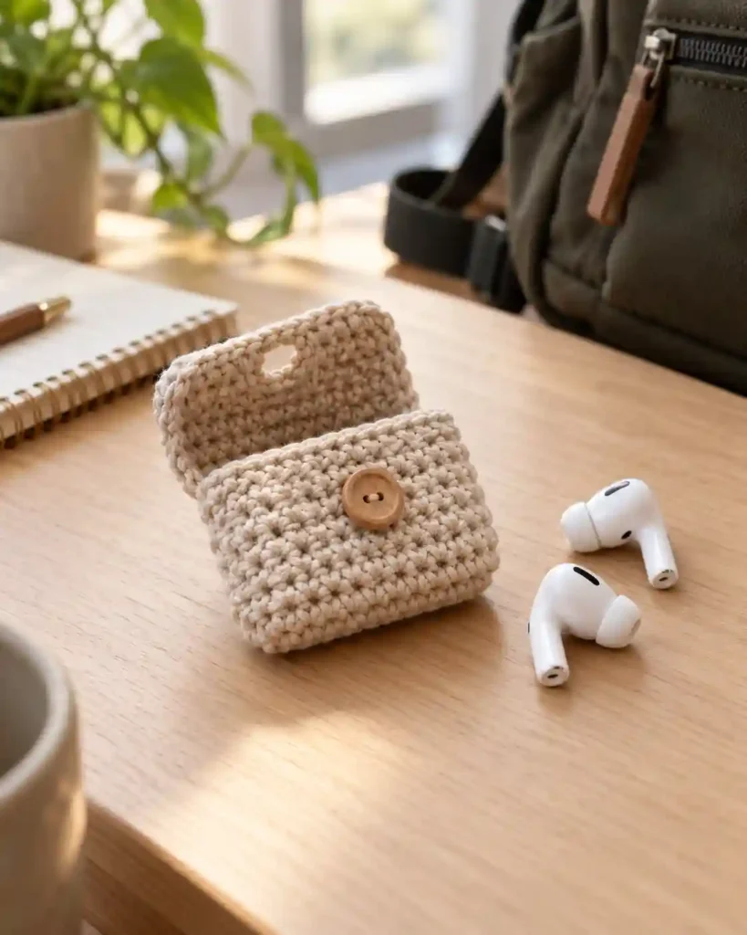 An oatmeal-colored crochet earbud pouch with a button flap beside wireless earbuds on a desk.