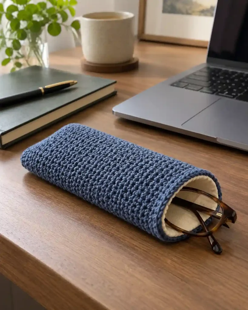 A blue crocheted glasses sleeve with fabric lining and reading glasses on an office desk.