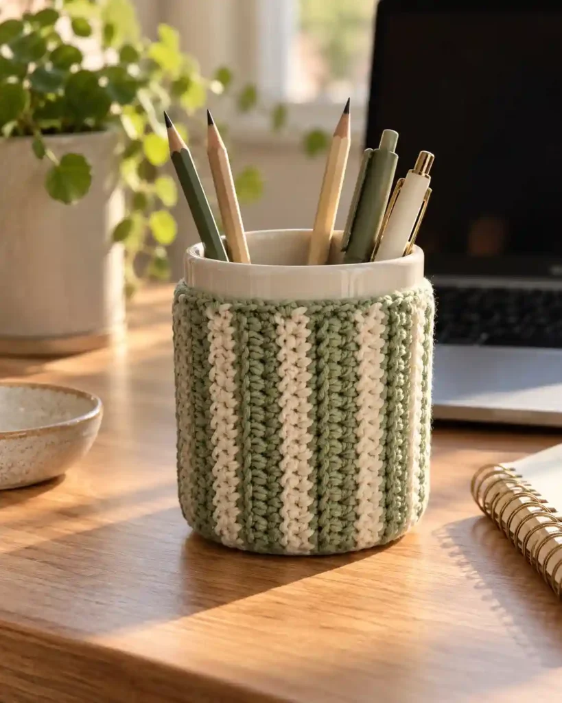 A ceramic pencil cup wrapped in a ribbed sage-and-cream crochet sleeve holding pens and pencils.
