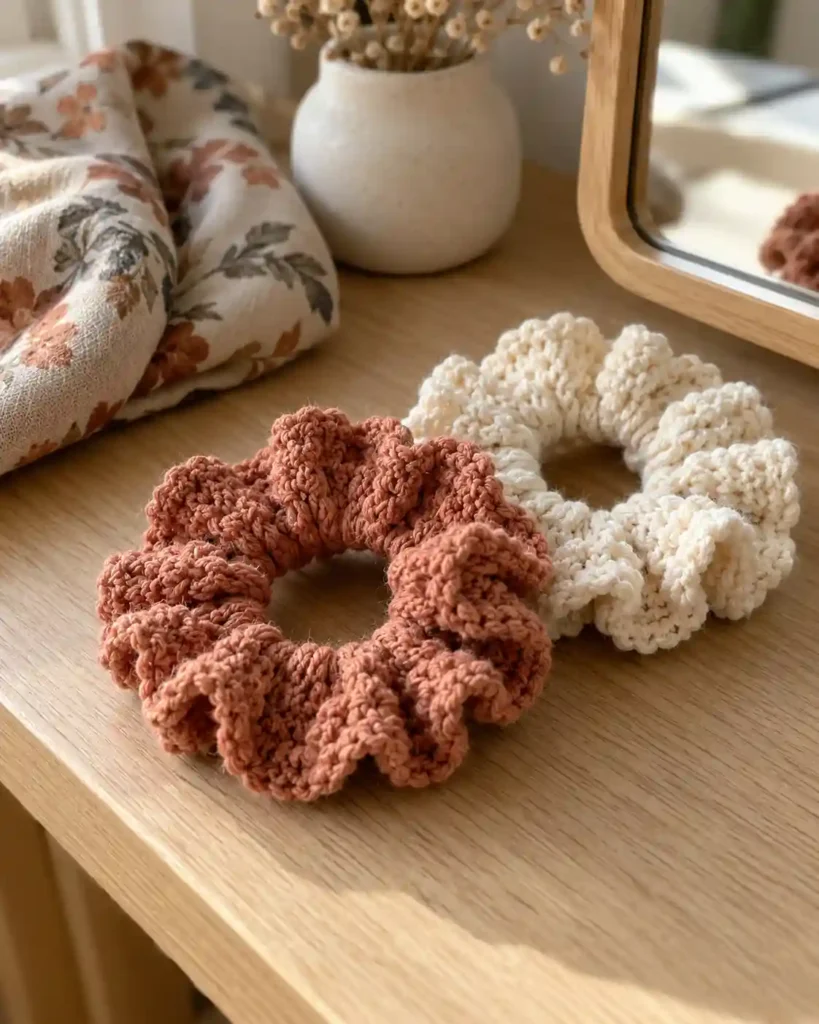 Two soft crocheted hair scrunchies in terracotta and cream arranged beside a small mirror.