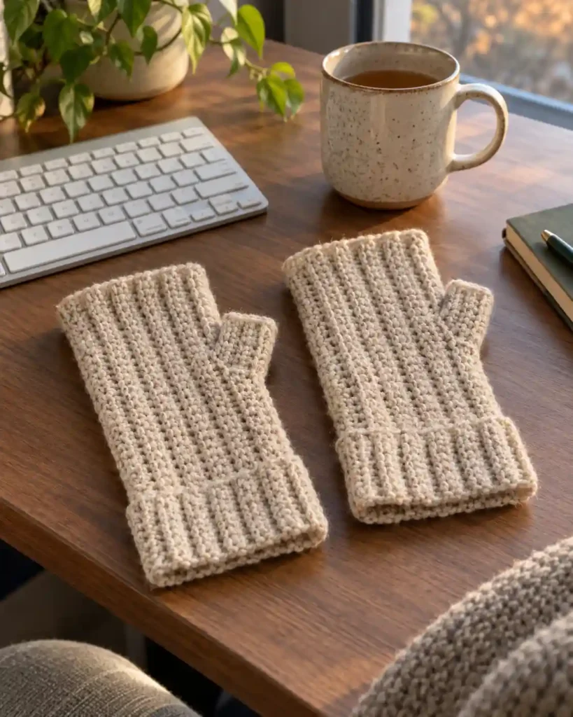 A matching pair of oatmeal crochet fingerless gloves placed beside a keyboard and warm mug.