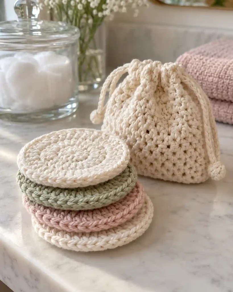 Reusable cotton crocheted facial rounds in soft colors beside a matching drawstring pouch.