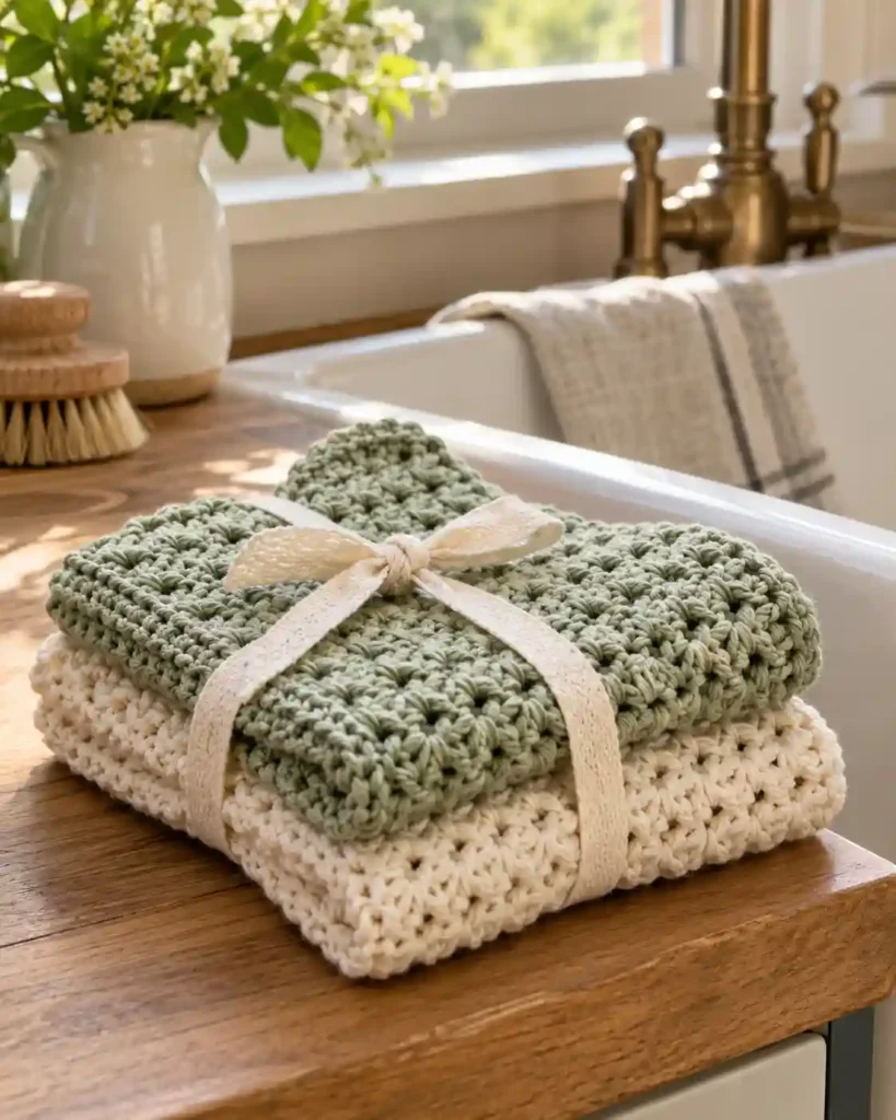 Two textured cotton crochet dishcloths in sage and cream tied together near a kitchen sink.