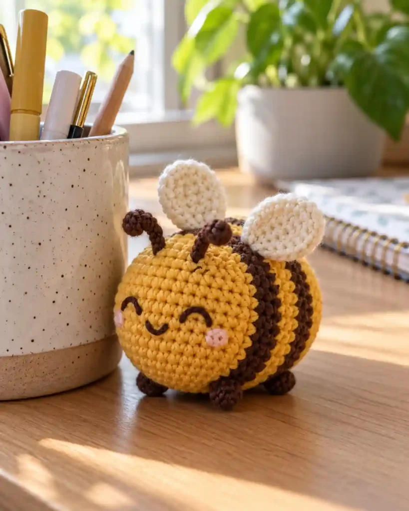 A tiny yellow-and-brown crocheted bee with white wings sitting beside an office pencil cup.