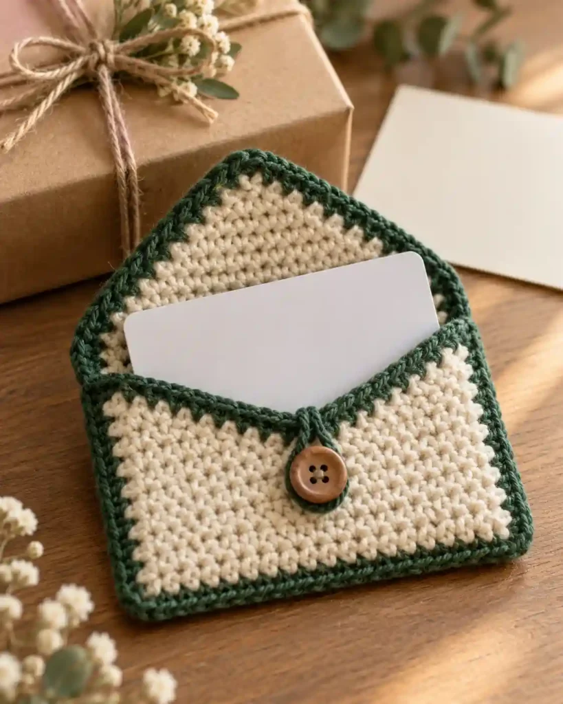 A handmade cream-and-green crochet gift card envelope holding a blank gift card on a desk.