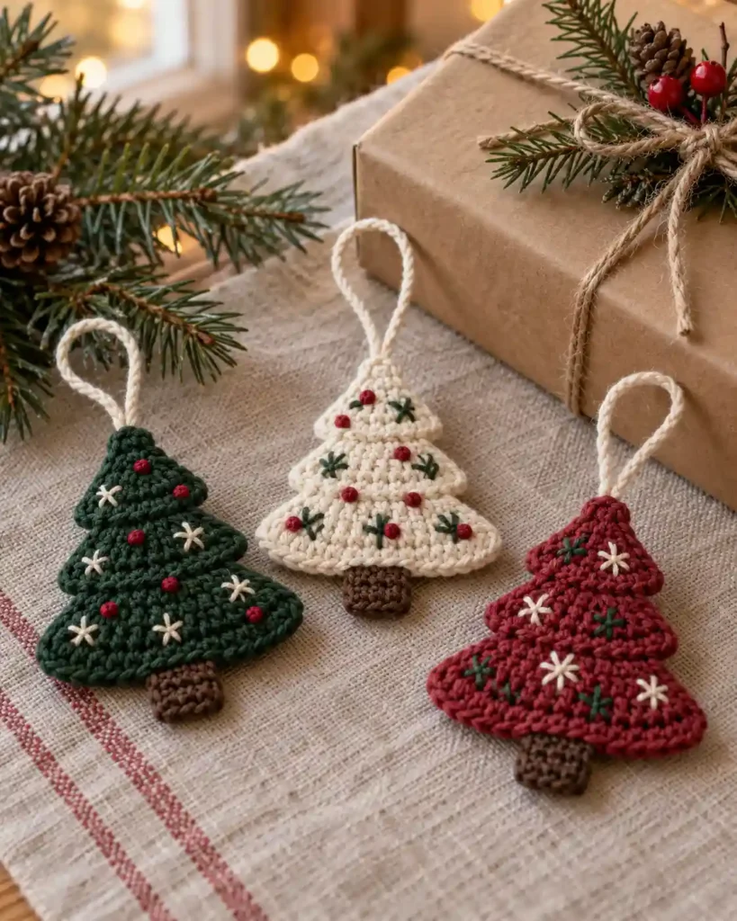 Three flat crocheted Christmas tree ornaments in festive colors arranged beside a wrapped gift.