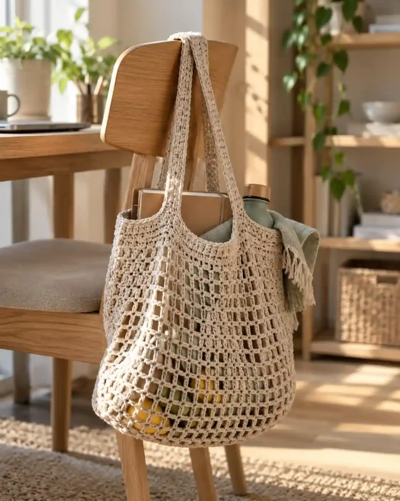 A natural cotton crocheted mesh market tote hanging from an office chair with light items inside.