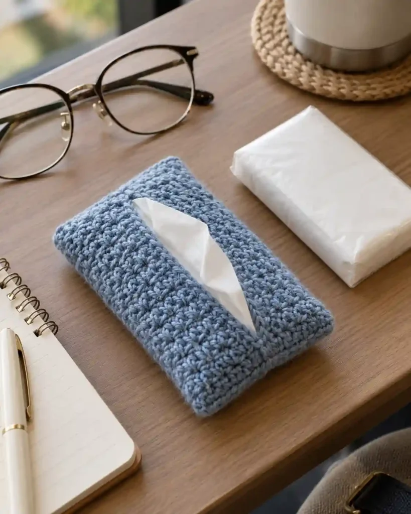 A dusty-blue crocheted pocket tissue sleeve with a white tissue on a tidy desk.