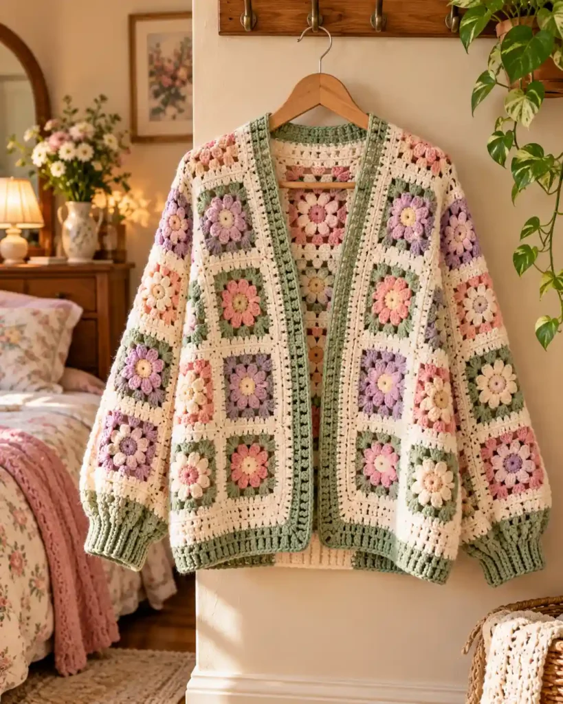 pastel granny square crochet cardigan gift for grandma