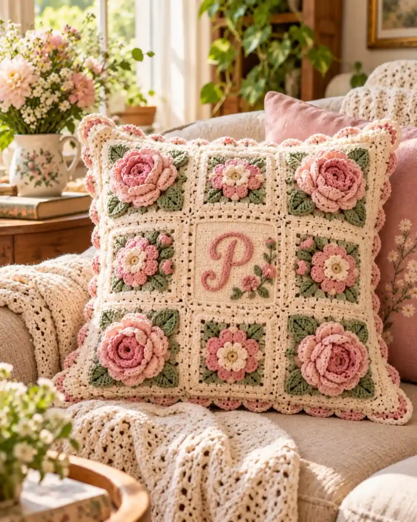 personalized floral crochet cushion cover for grandma