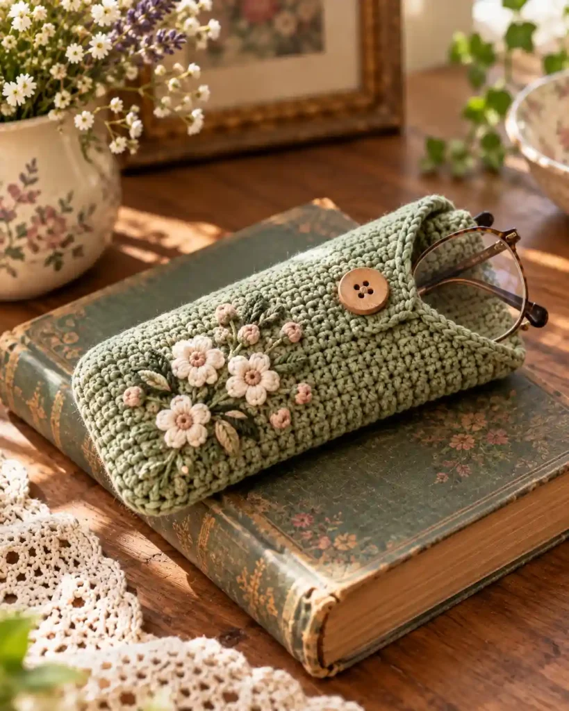 sage green crochet glasses case gift for grandma