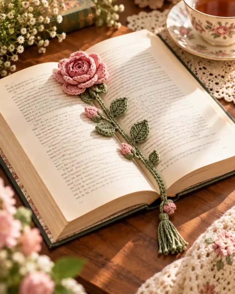 crochet rose bookmark handmade gift for grandma
