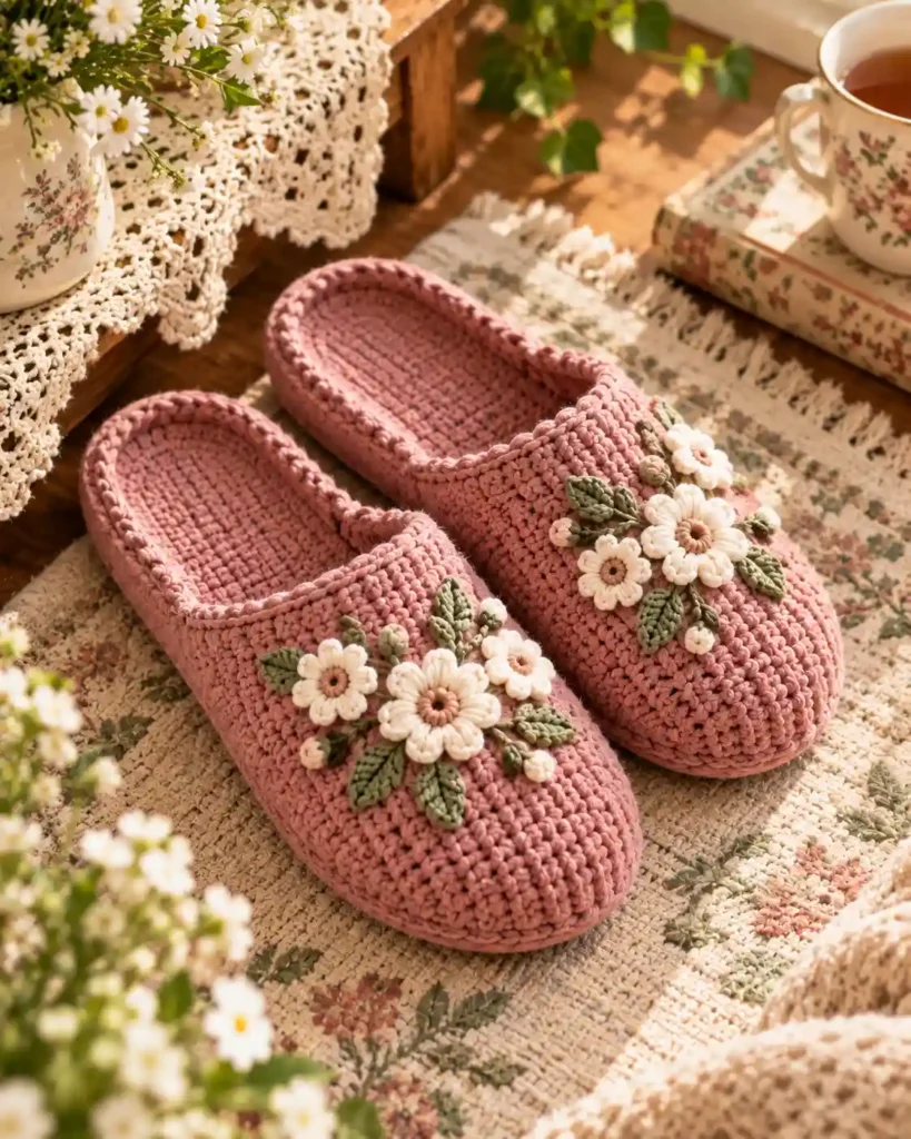 soft crochet slippers with flower details for grandma