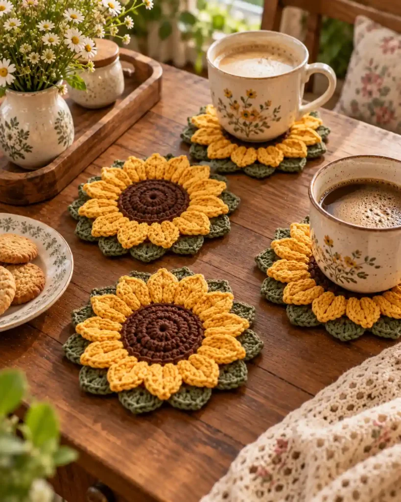 handmade sunflower crochet coaster set for grandma