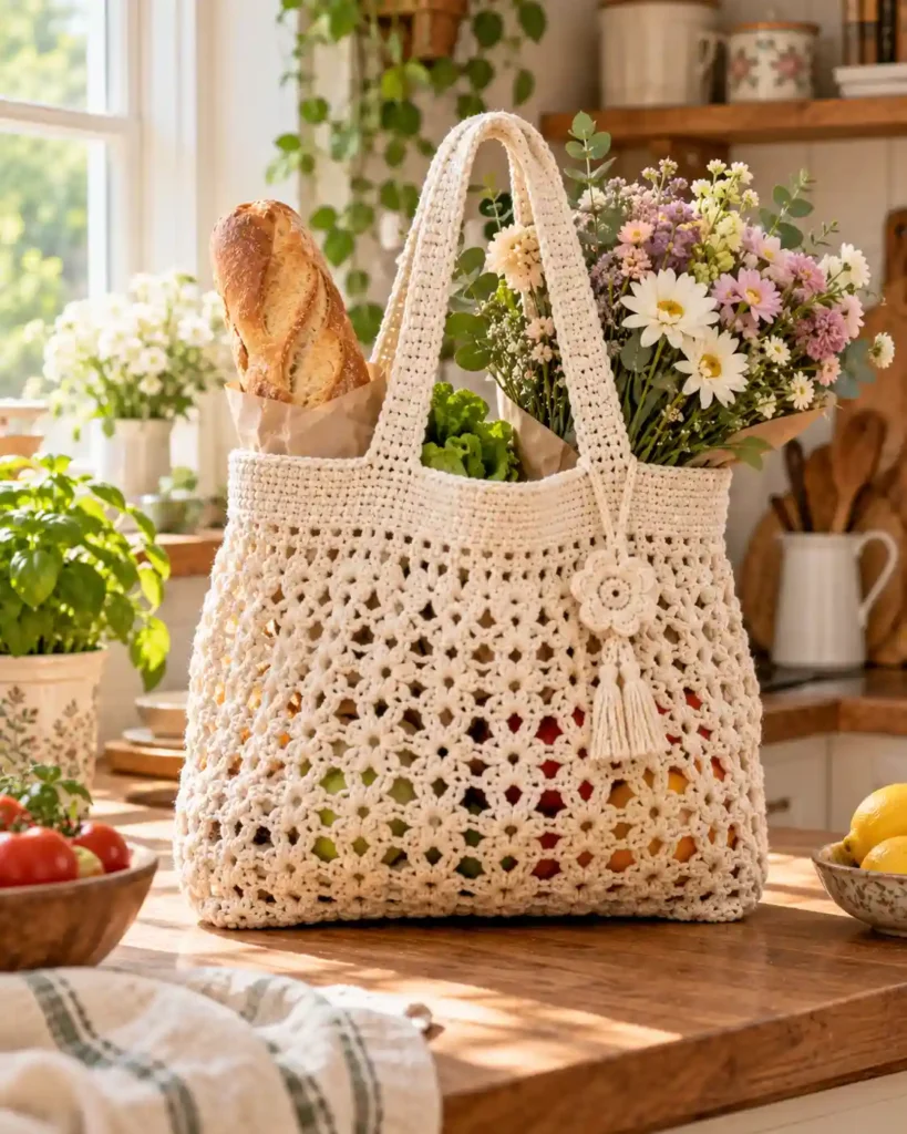 handmade cotton crochet market tote bag